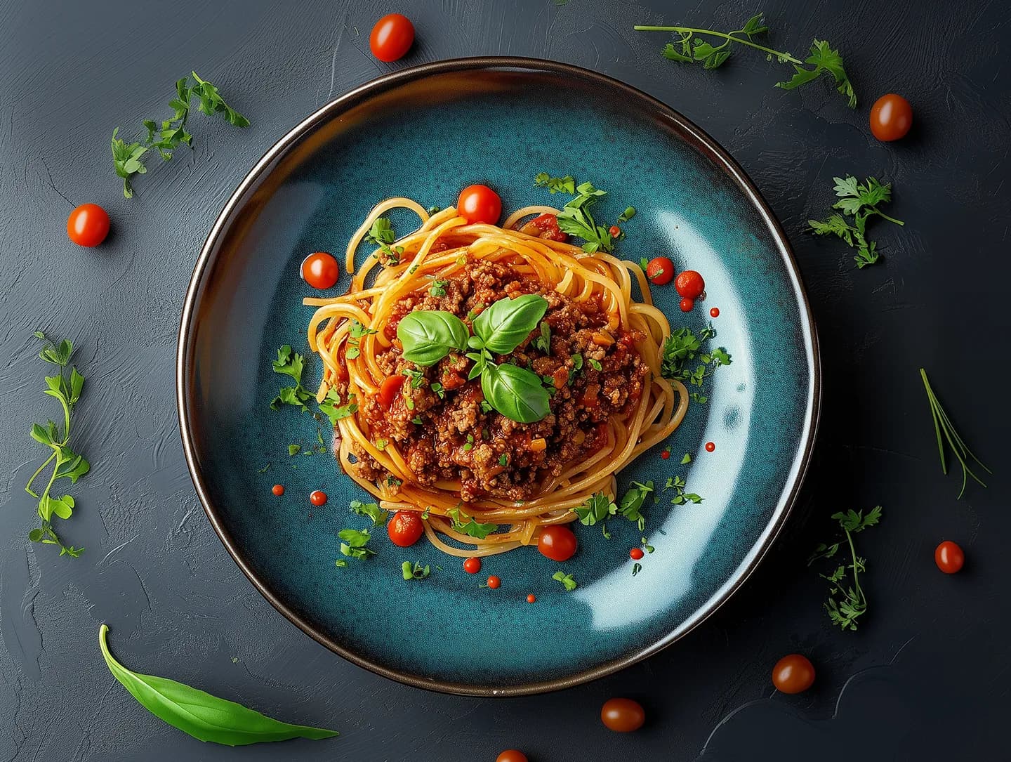 Spaghetti bolognese with fresh basil and cherry tomatoes