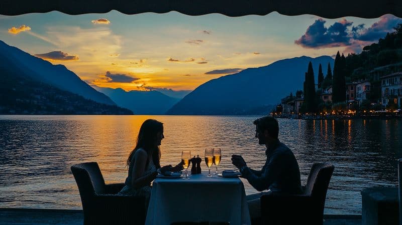 Couple dining outdoors by a lake at sunset