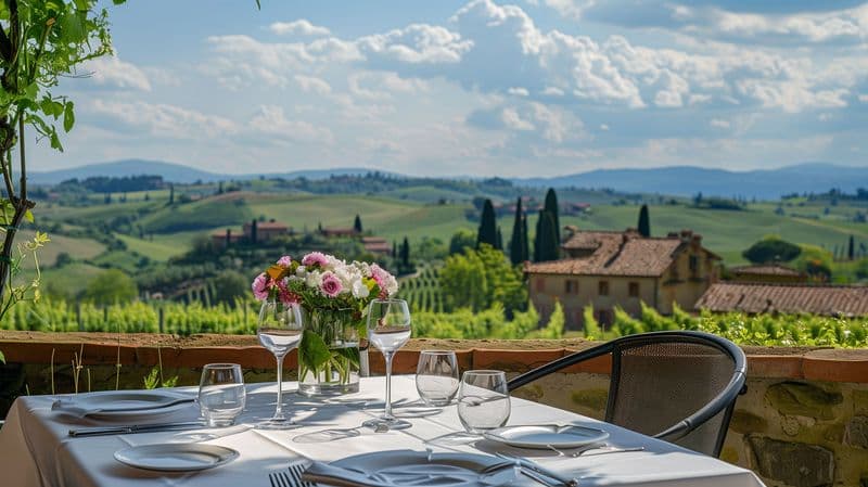 Outdoor dining table overlooking Tuscan landscape
